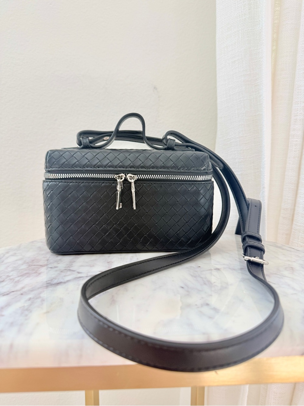 🖤 Black Woven Leather Vanity Top Handle Crossbody Bag